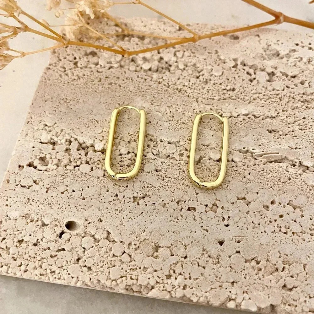 925 Sterling Silver Gold Oval Huggie Hoop Earrings Long U-Shaped Hoop Earrings - Picture 2 of 4